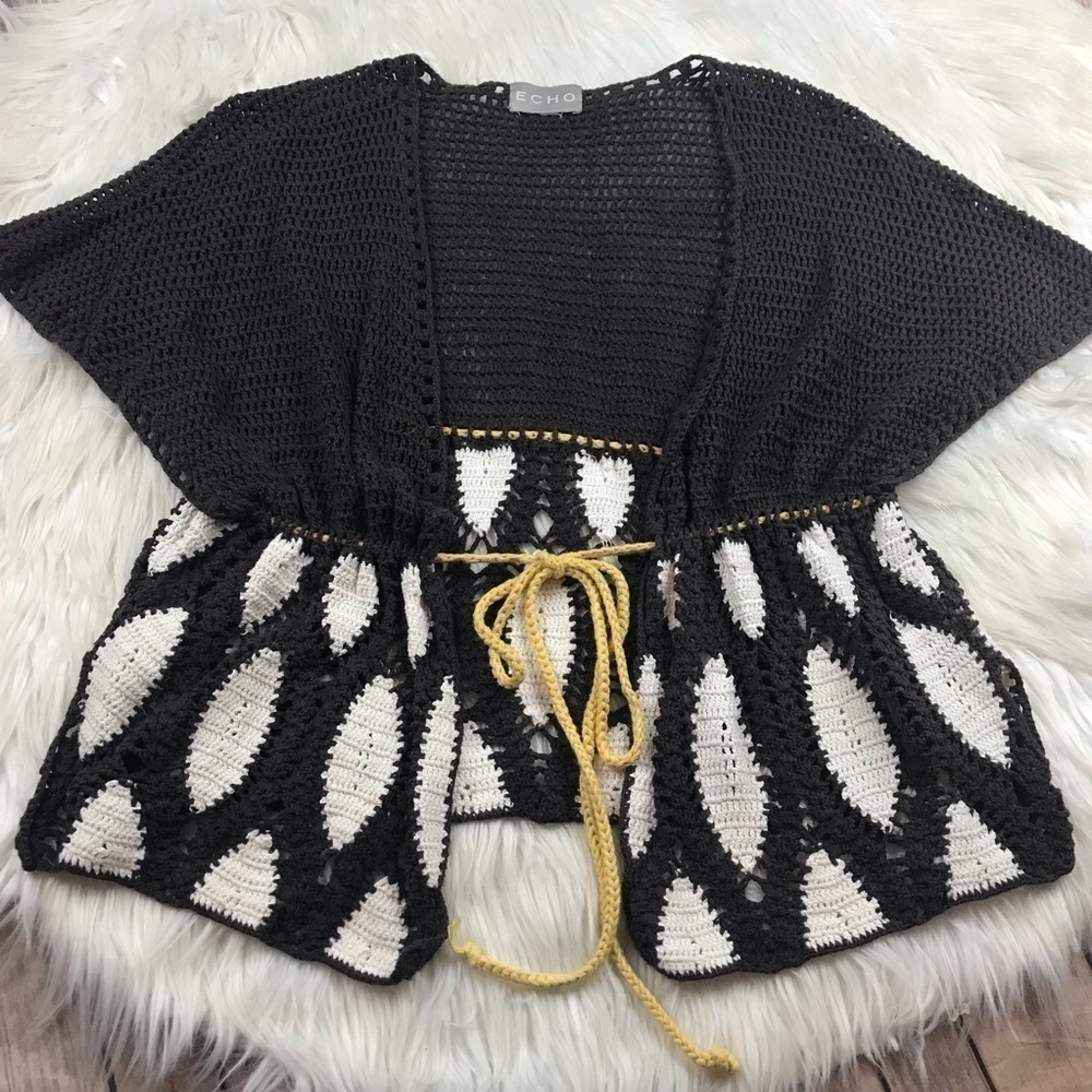 Echo crochet tie front shirt sleeved cardigan OS